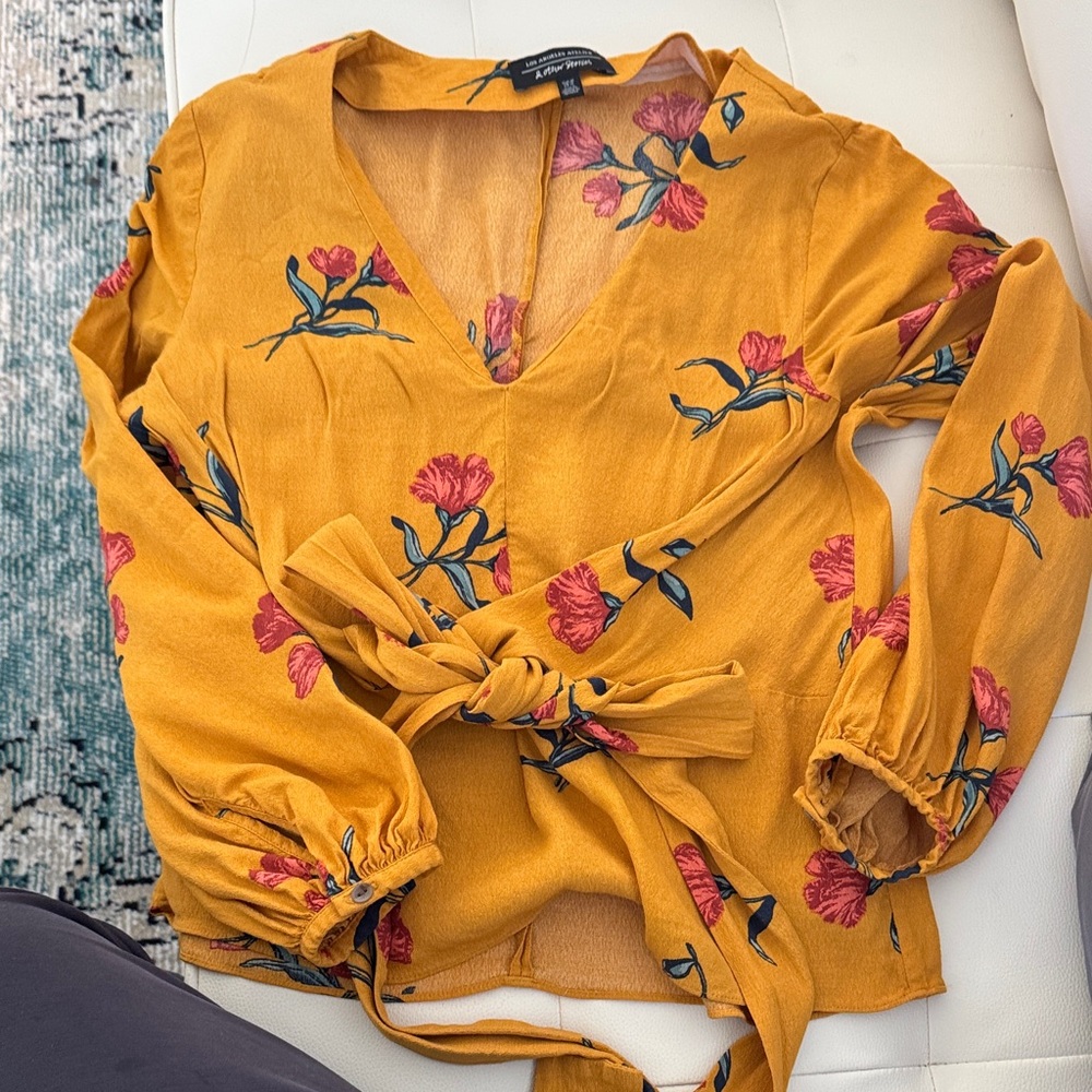 Tie-Waist Mustard Floral V-Neck Blouse
